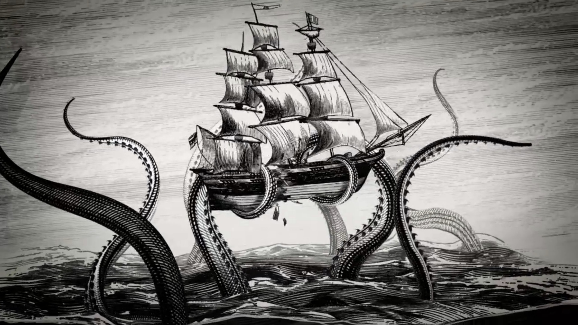 Black and white Victorian looking picture of a kraken with only its legs visible above water holding a ship aloft
