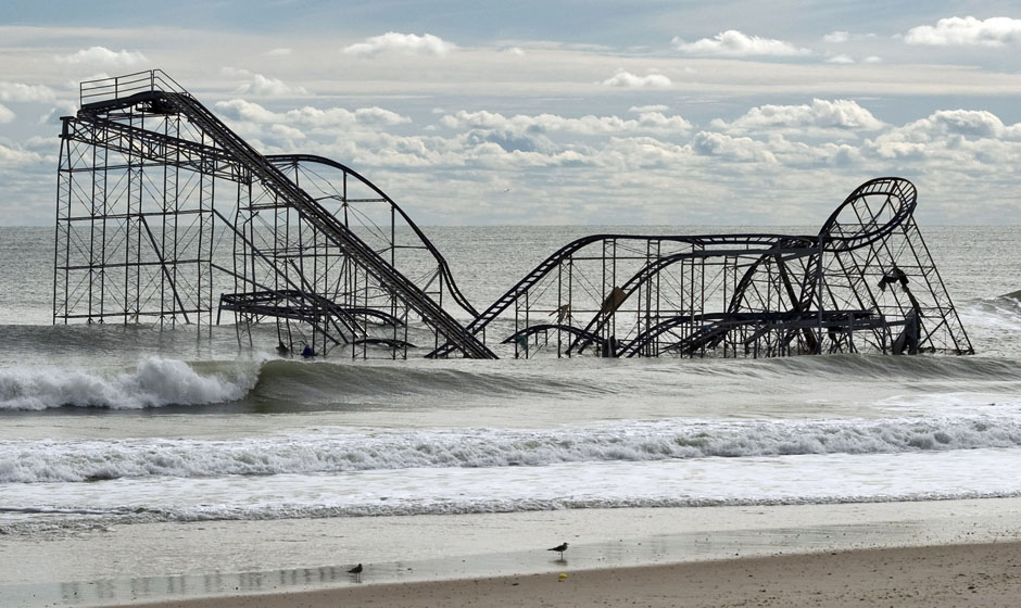 The remnants of a roller coaster sits in the surf three days after Hurricane Sandy came ashore in Seaside Heights