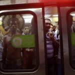 An indigenous man stands in a subway train as he makes his way to the People's Summit at Rio+20 for Social and Environmental Justice in Rio de Janeiro