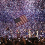 Confetti obscures the stage as U.S. President Barack Obama celebrates after winning the U.S. presidential election in Chicago