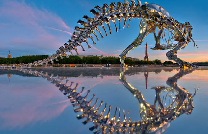 Giant Chrome T-Rex in Paris