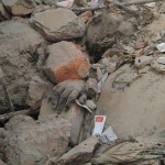 The hand of a garment worker is seen among rubble of collapsed Rana Plaza building in Savar