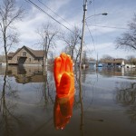 A rubber glove being used as a marker bobs in the water after flooding in Fox Lake, Illinois