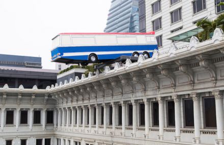 A Bus Sculpture on a Hotel in Hong Kong