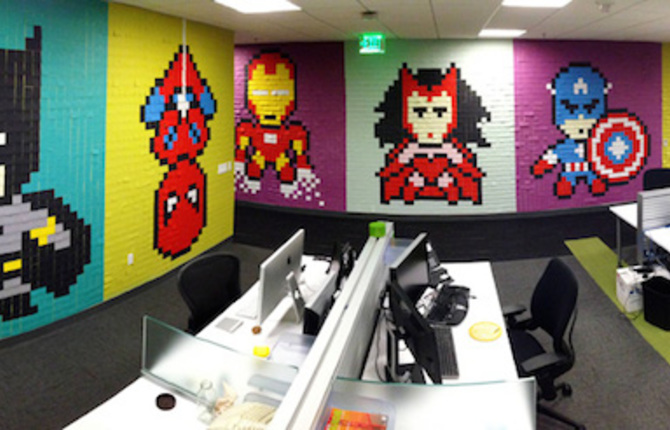 8 Bit Superheroes with Sticky Notes in an Office