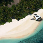 sandy beach with palmtrees cristal cleart water birds eye