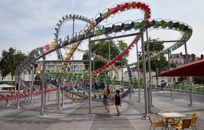 Hundreds of Colorful Café Chairs Turned into Roller Coaster