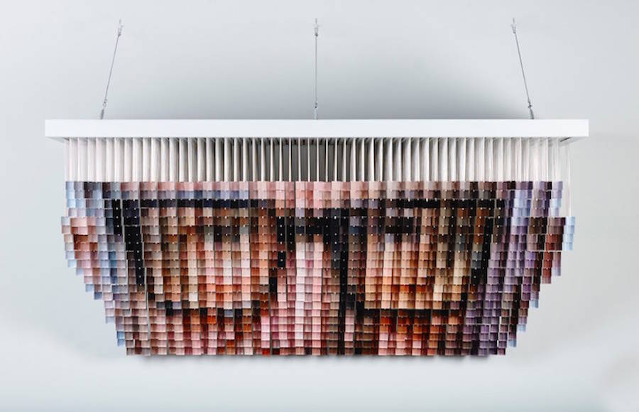 Pixelated Portrait Made of 1200 Suspended Painted Cubes