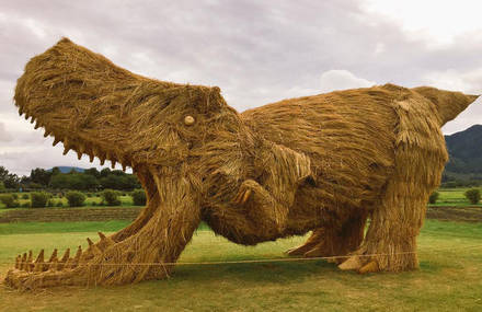 Giant Straw Dinosaurs and Animals in Japan Fields