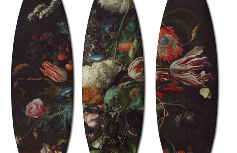 Surfboards and Skateboards Covered with Classical Paintings