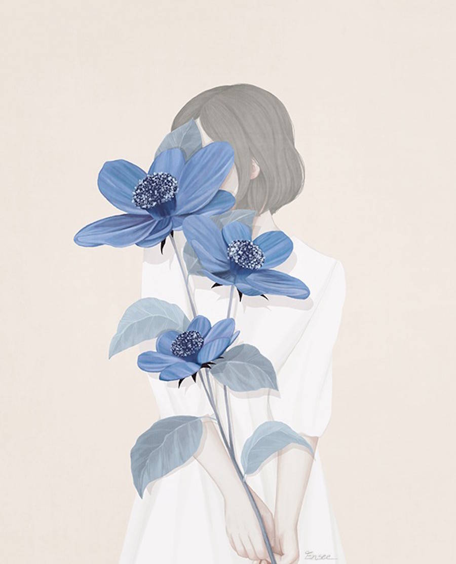 花で顔を隠す女性のイラストレーション Mi Kyung Choi Jiuni Q