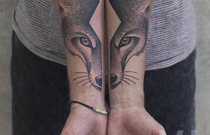 Split Animals Faces Tattoos Inked on Separate Sides