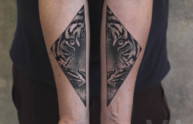 Split Animals Faces Tattoos Inked on Separate Sides