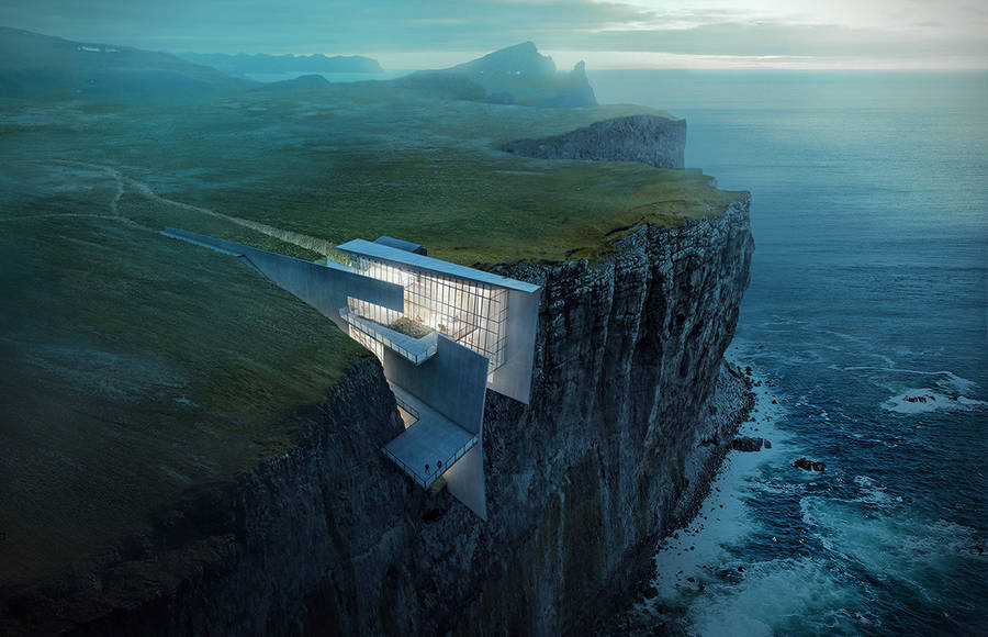 Concrete Geometrical House Concept on a Cliff in Iceland