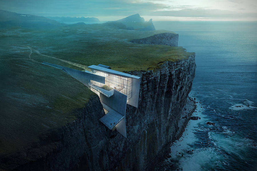 Concrete Geometrical House Concept on a Cliff in Iceland