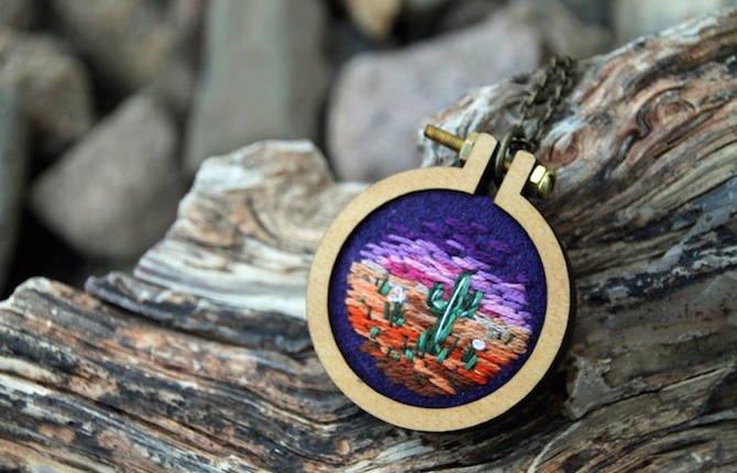 Tiny Embroidered Pendants Showing Landscapes of the World