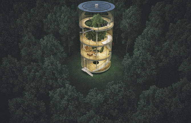 Circular Glass House Featuring a Big Tree in its Heart