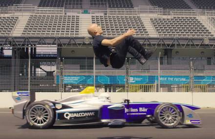 Backflip Over Speeding Formula E Car