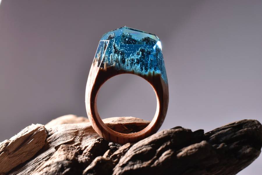 Handmade Wood Resin Ring With Magnificent Tiny Fantasy Secret Landscape Gift