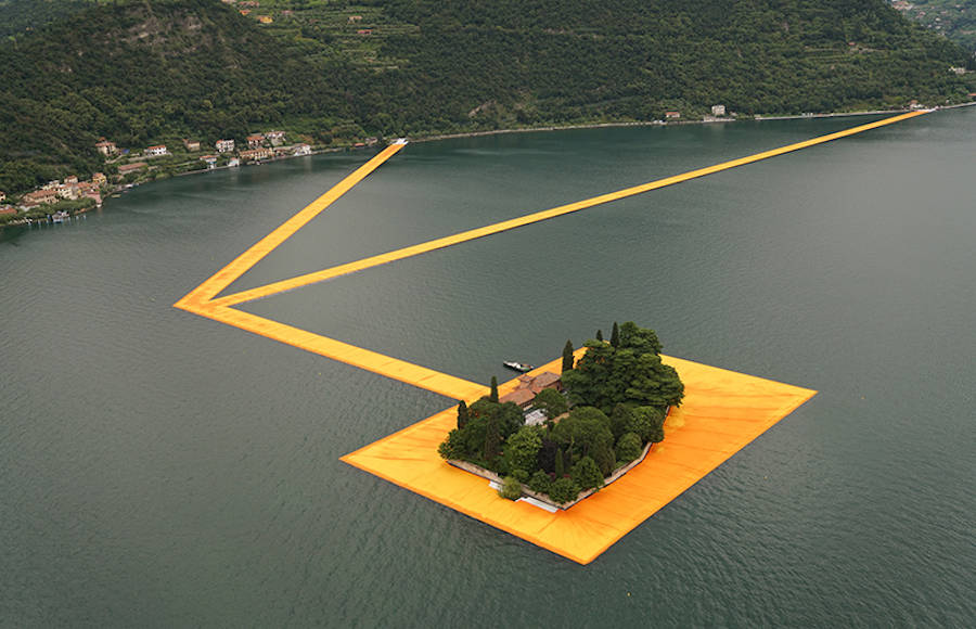 Orange Floating Path Installation in the Middle of an Italian Lake