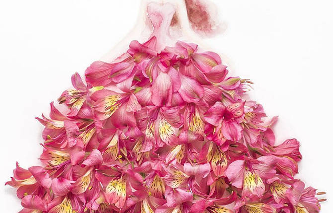 Elegant Drawings Of Girls Wearing Dresses Made Of Real Flower Petals