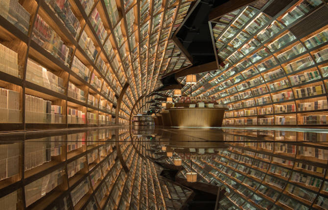 Black Mirror Glass Reflecting Books in Chinese Library