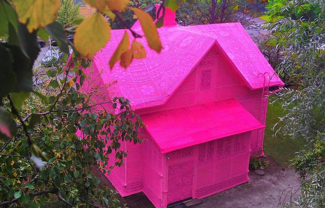 House in Finland Covered with Pink Crochet