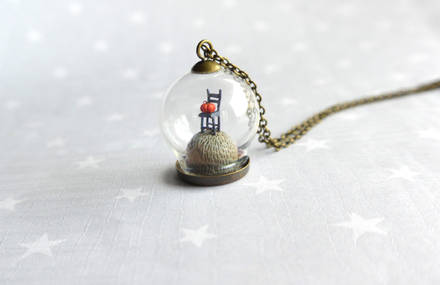 Whimsical Jewelry with Poetic Tiny Sculptures in Glass Dome