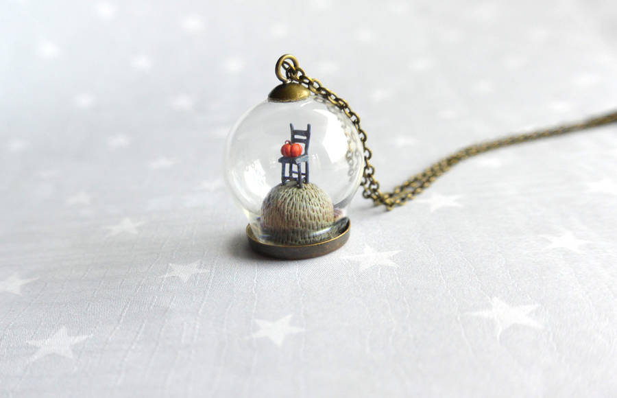 Whimsical Jewelry with Poetic Tiny Sculptures in Glass Dome