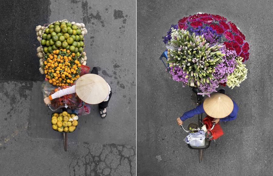 Colorful Aerial Pictures of Street Vendors in Vietnam