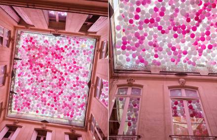 Beautiful Ceiling of Pink Balloons in a French Hotel