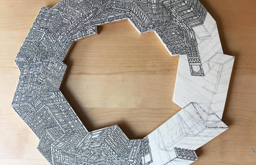 Infinite Skyscrapers Illustrated on Circle Pieces of Wood