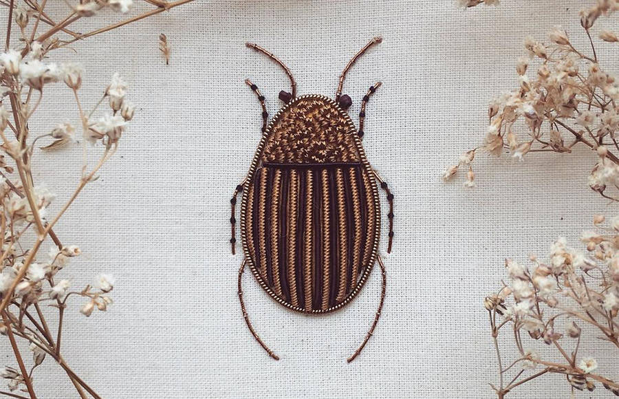 Dazzling Embroidered Insects with Antique Materials & Metallic Beads