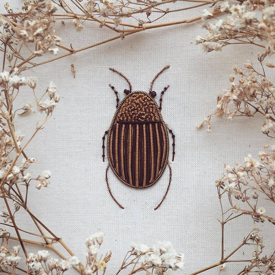Dazzling Embroidered Insects with Antique Materials & Metallic Beads
