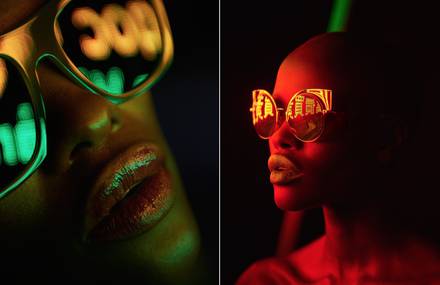 Pop Portraits with Neon Light Reflected in Sunglasses