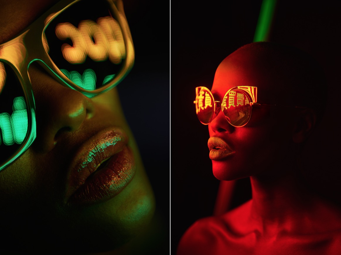 Pop Portraits With Neon Light Reflected In Sunglasses