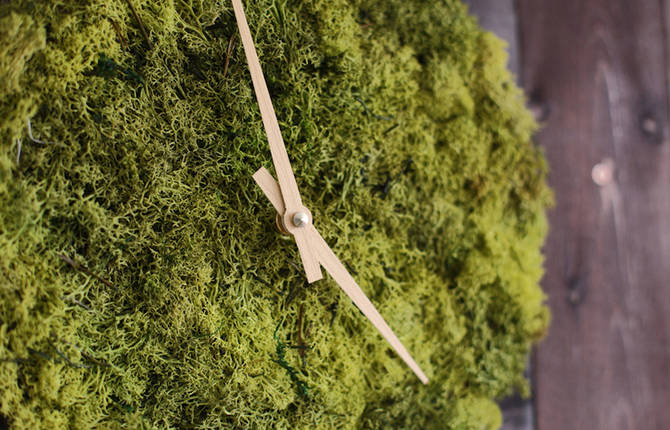 Stylish Clock and Ceiling Lights Covered with Icelandic Moss