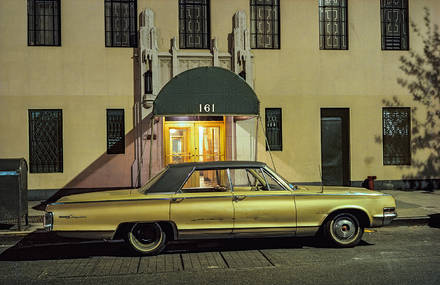Parked Cars Under Streetlamps in 1970s New York City