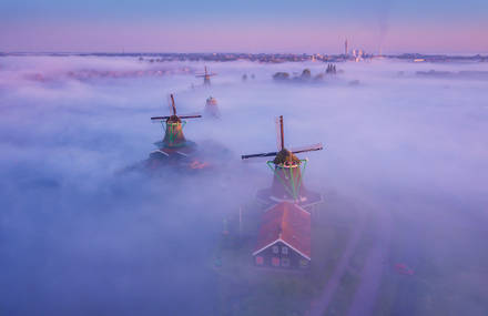 Dutch Windmills in the Fog