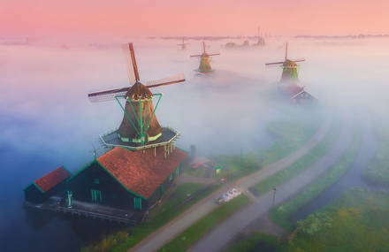 Dutch Windmills in the Fog