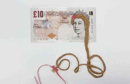 Embroidering Hair Onto Dollars and British Pounds