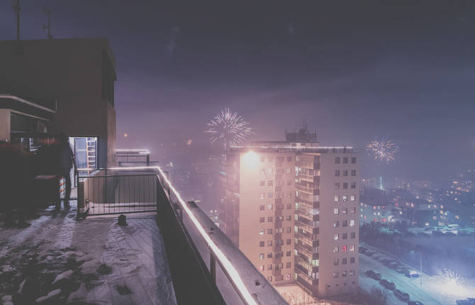New Year’s Eve Fireworks from a Rooftop in Iceland