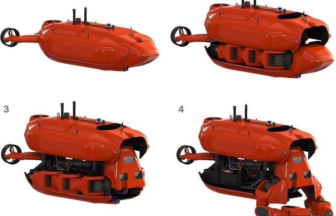 An Electric Submarine can Transform Itself Into an Underwater Robot