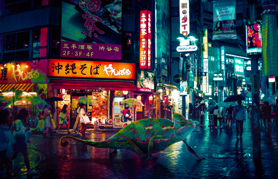 Cyberpunk Scenes of Animals Roaming the City at Night