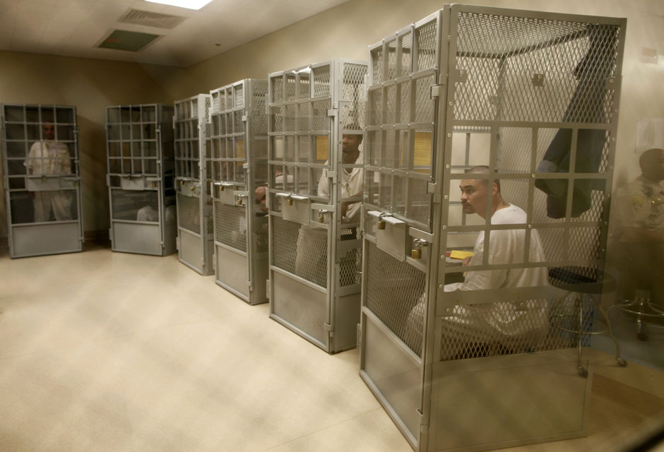 Administrative segregation prisoners take part in a group therapy session at San Quentin state prison