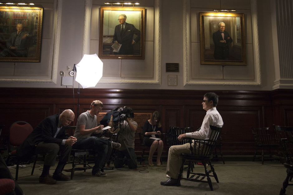 Chen Guangcheng, the blind Chinese dissident and legal advocate who recently sought asylum in the United States, is lit by a studio light during an interview in New York