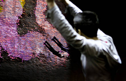 First kinect-controlled interactive facade projection to transform passersby into Superheros.