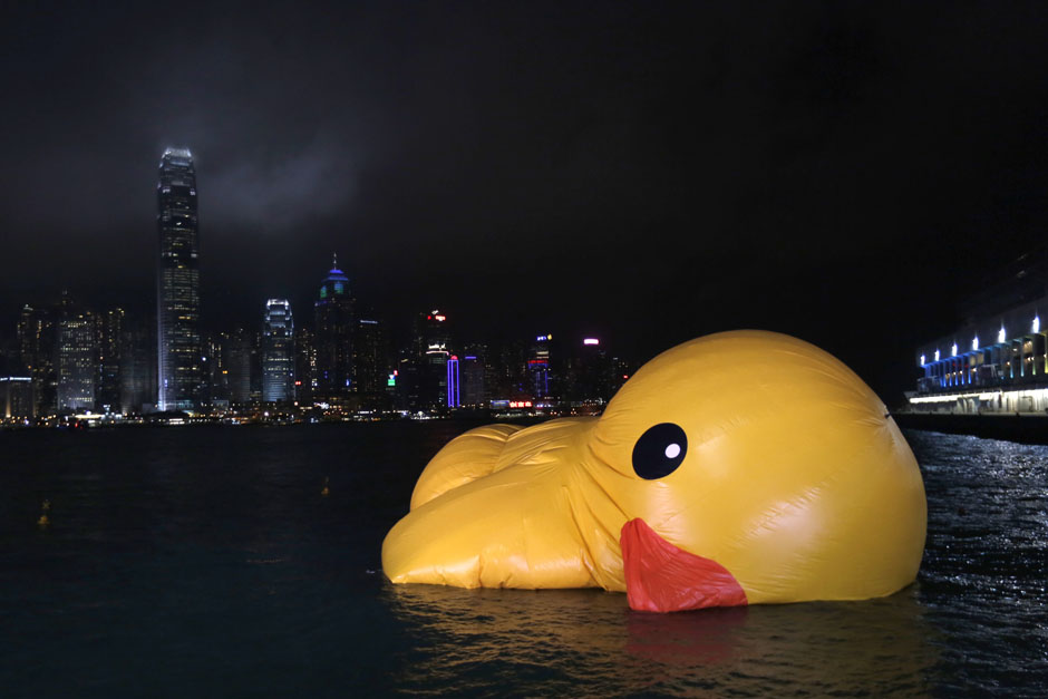 A deflated Rubber Duck by Dutch conceptual artist Florentijn Hofman floats on Hong Kong's Victoria Harbour