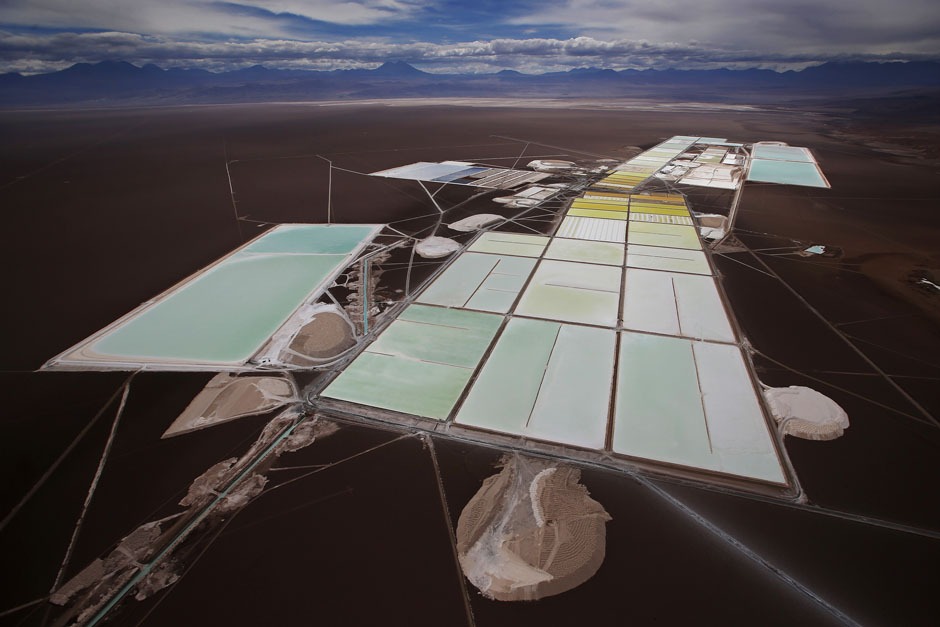 An aerial view of the Soquimich lithium mine on the Atacama salt flat in northern Chile