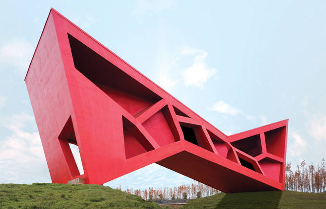 Red Geometric Architecture